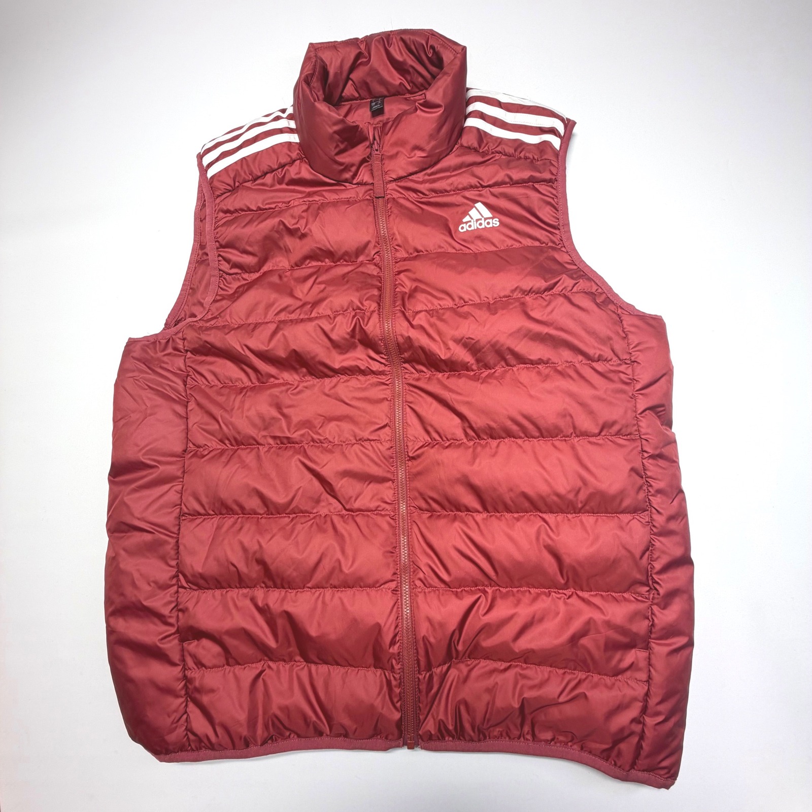 Adidas Puffer Vest L Burgundy Maroon 3-Stripes Lightweight Insulated Duck Down
